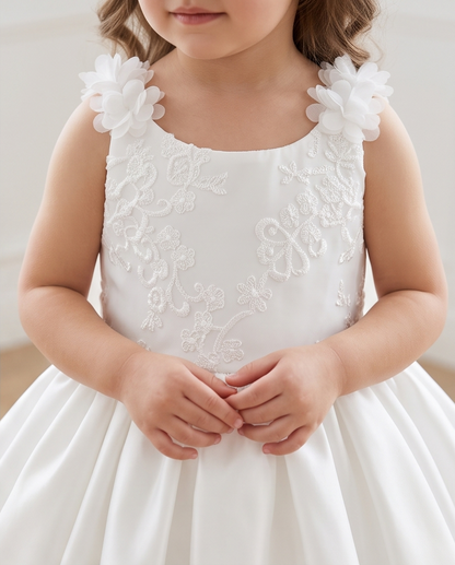 White Floral Strap Bow Flower Girl Dress – 2-3Y