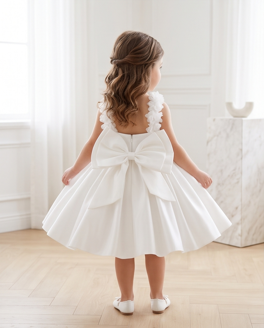 White Floral Strap Bow Flower Girl Dress – 2-3Y
