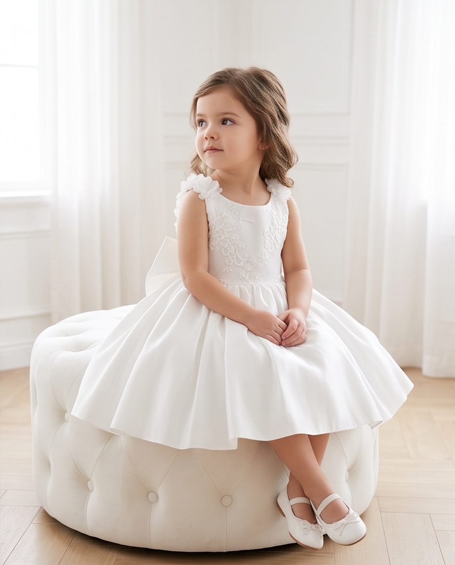 White Floral Strap Bow Flower Girl Dress – 2-3Y