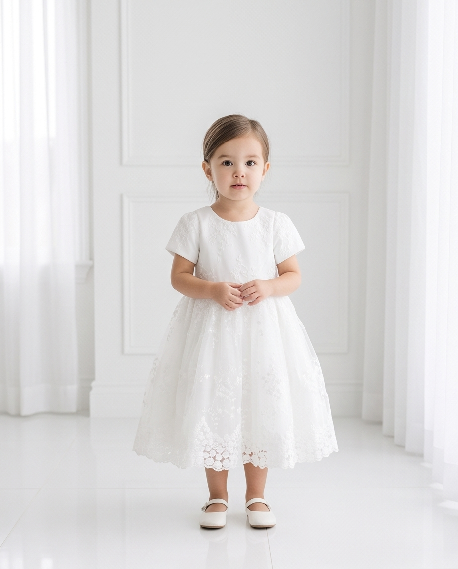 White Short Sleeve Floral Lace Flower Girl Dress – 2-3Y