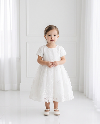 White Short Sleeve Floral Lace Flower Girl Dress – 2-3Y