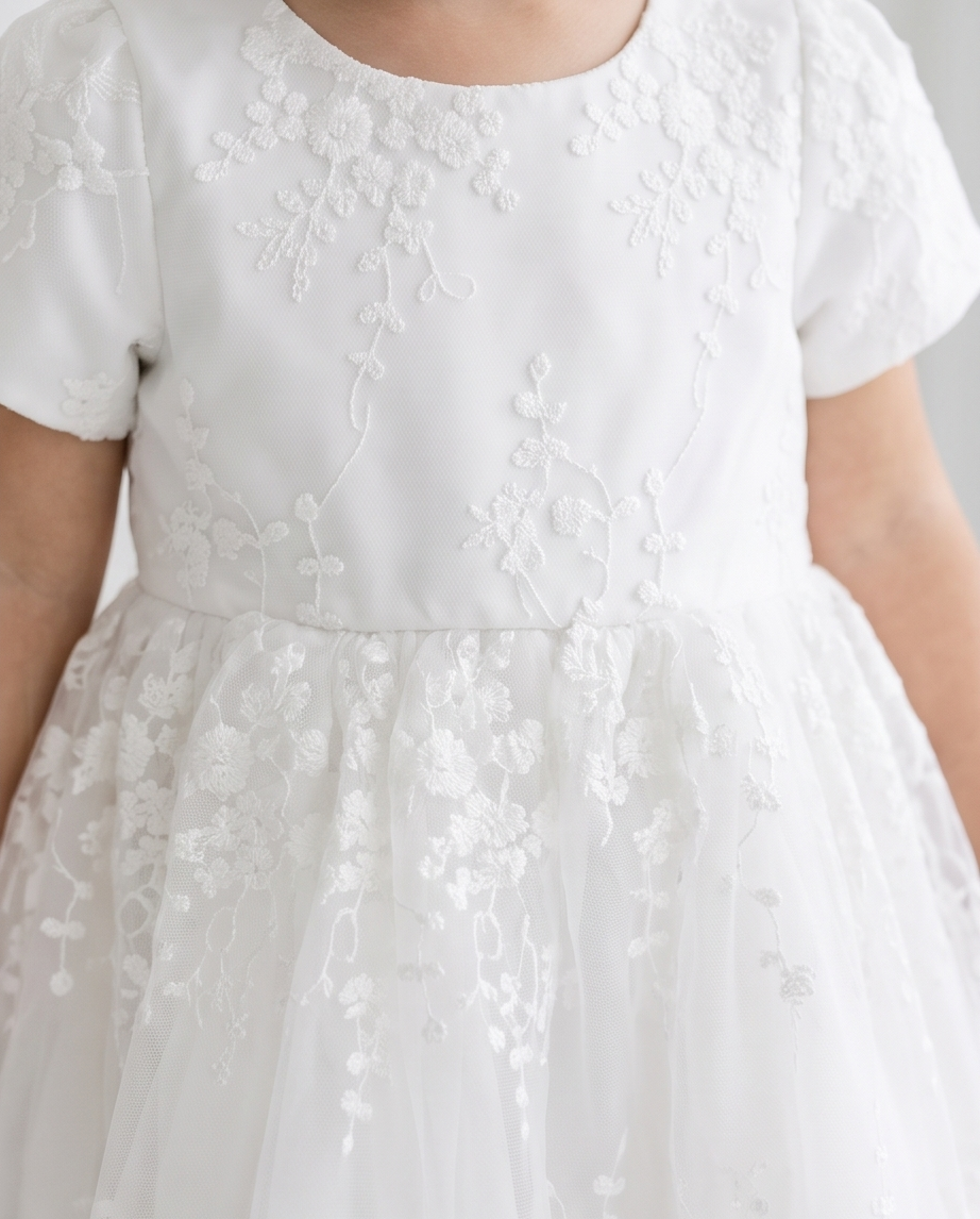 White Short Sleeve Floral Lace Flower Girl Dress – 2-3Y