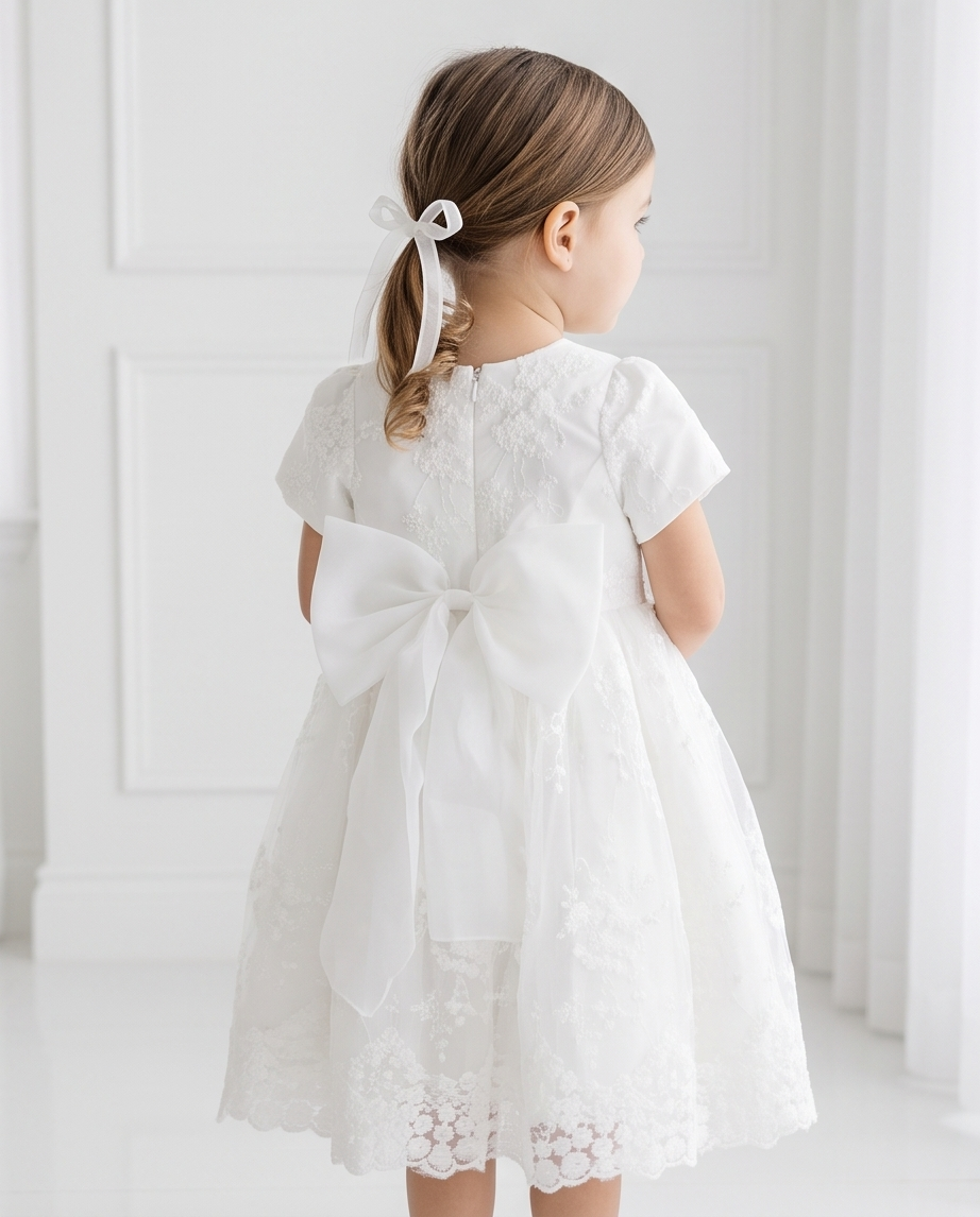 White Short Sleeve Floral Lace Flower Girl Dress – 2-3Y