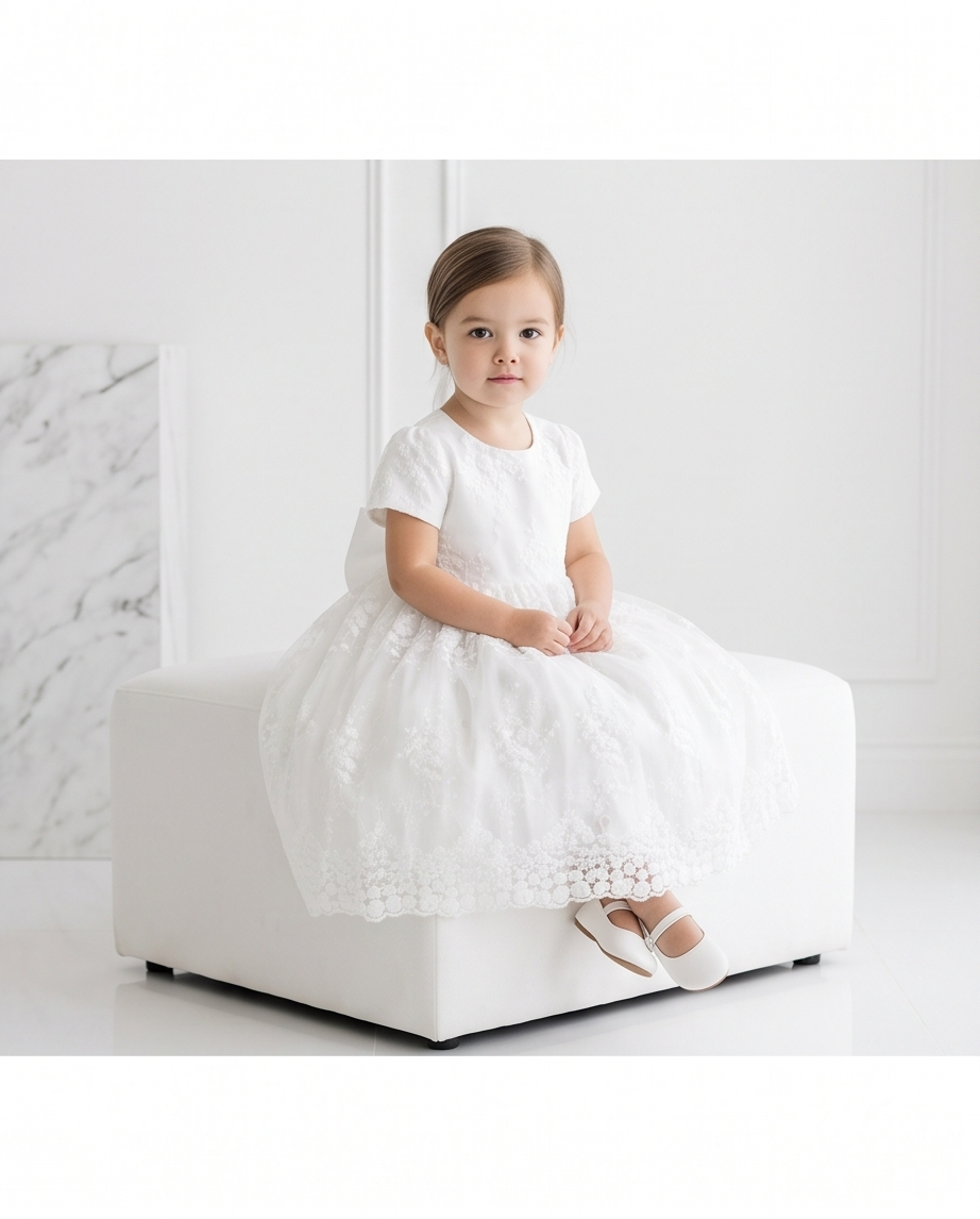 White Short Sleeve Floral Lace Flower Girl Dress – 2-3Y