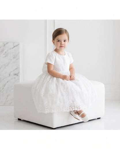 White Short Sleeve Floral Lace Flower Girl Dress – 2-3Y
