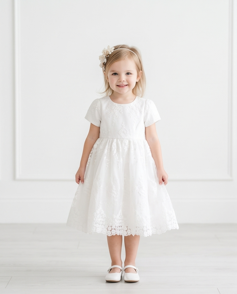 White Short Sleeve Floral Lace Flower Girl Dress – 2-3Y