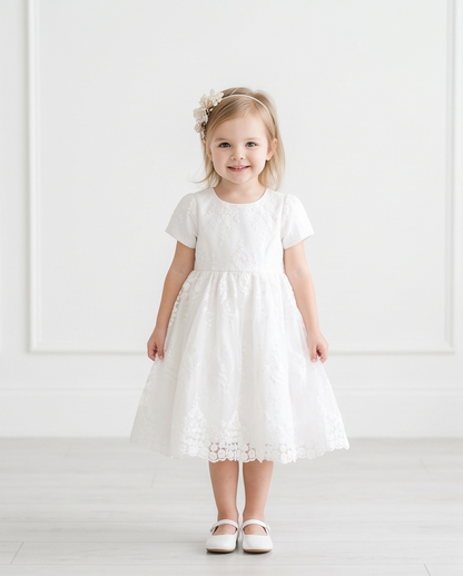 White Short Sleeve Floral Lace Flower Girl Dress – 2-3Y