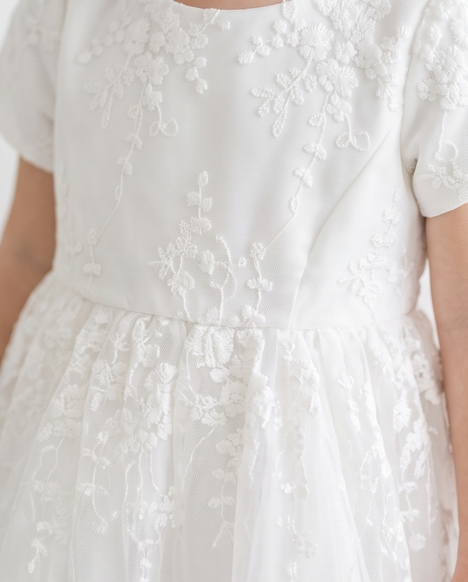 White Short Sleeve Floral Lace Flower Girl Dress – 2-3Y