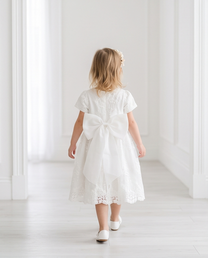 White Short Sleeve Floral Lace Flower Girl Dress – 2-3Y