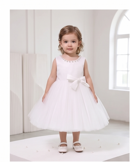 Pearl-Trim White Bow Flower Girl Dress – 2-3Y