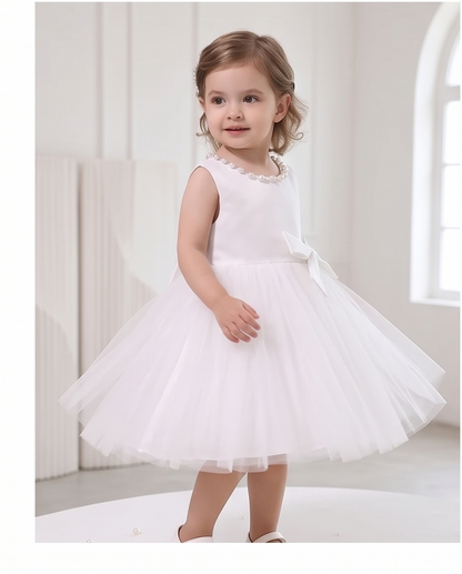 Pearl-Trim White Bow Flower Girl Dress – 2-3Y