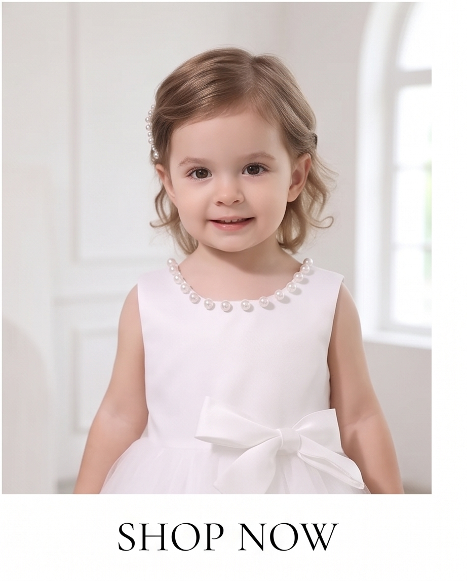 Pearl-Trim White Bow Flower Girl Dress – 2-3Y