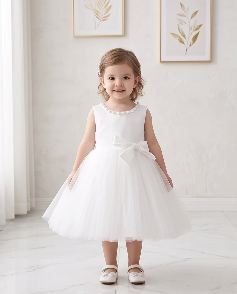 Pearl-Trim White Bow Flower Girl Dress – 2-3Y