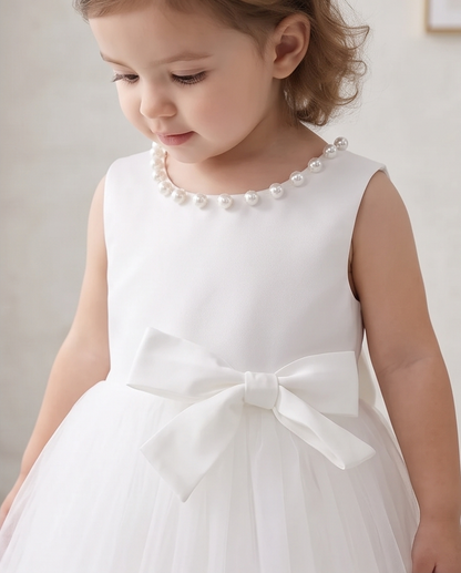 Pearl-Trim White Bow Flower Girl Dress – 2-3Y