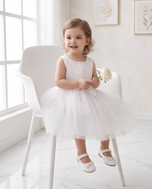 Pearl-Trim White Bow Flower Girl Dress – 2-3Y