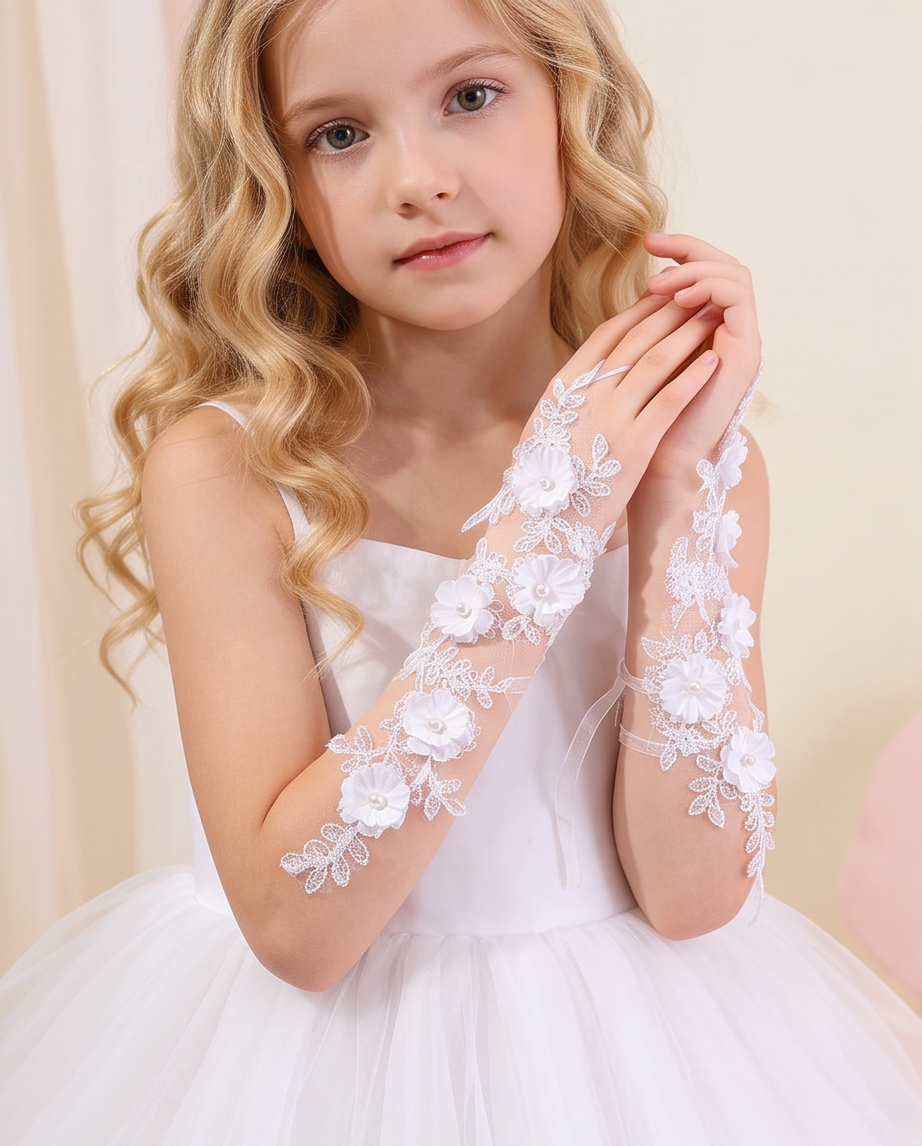 White fingerless floral gloves showing finger-loop design