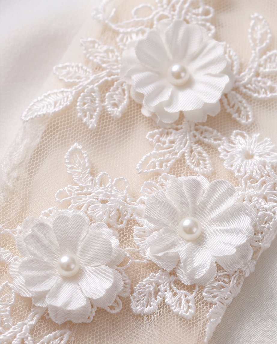 Close-up of flower and pearl-look detailing on white lace gloves
