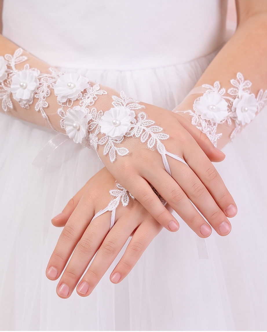 Pair of white floral lace fingerless gloves laid flat