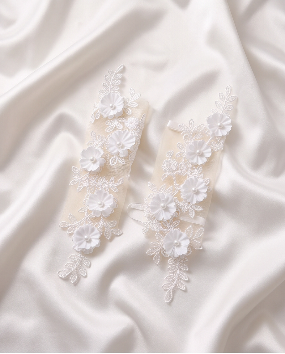 Girls white floral communion gloves worn with a white dress