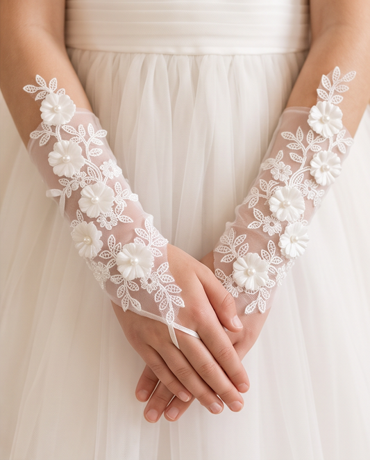 White floral lace fingerless gloves with raised flowers and pearl-look centres