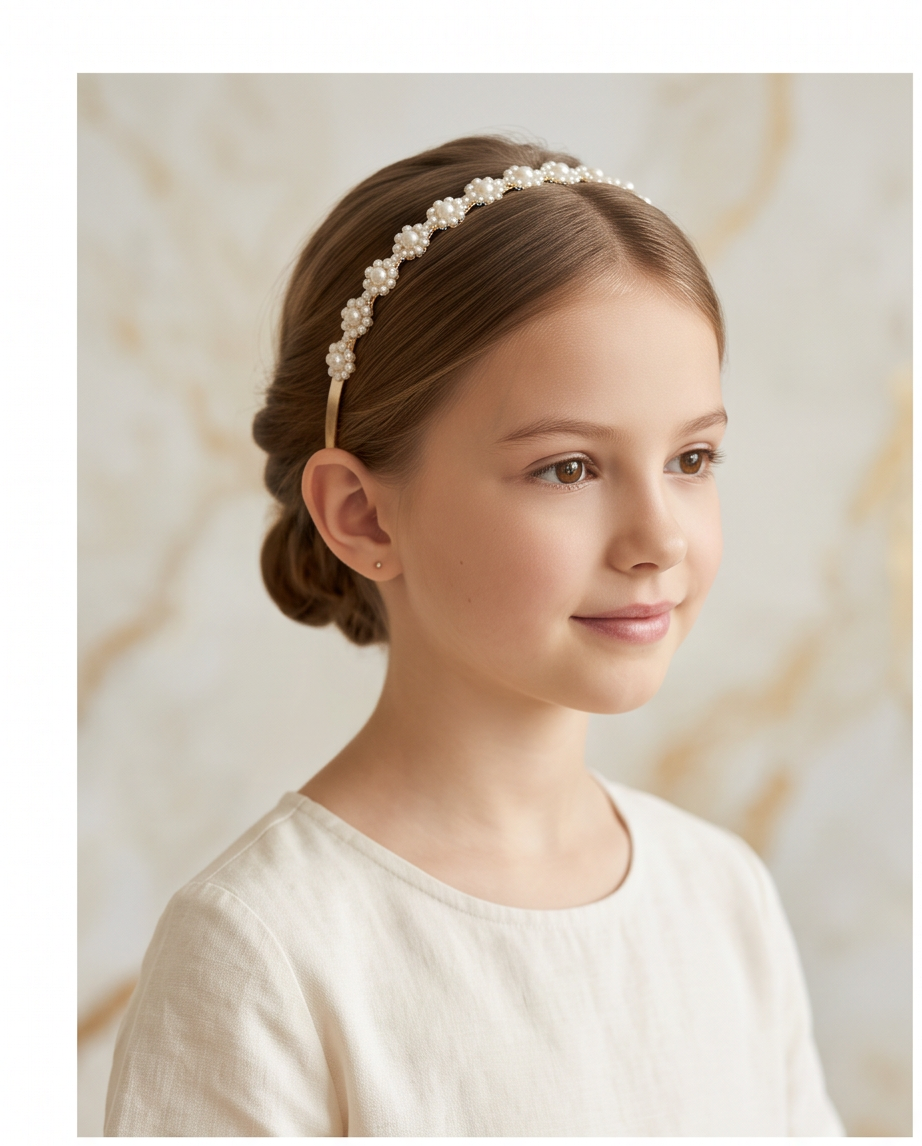 Girl wearing a slim gold-tone headband with clustered white pearl-look bead detailing.