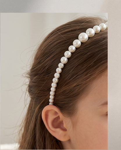 A close-up of a woman's side profile showing a white pearl headband worn on her brown hair against a soft light beige background.