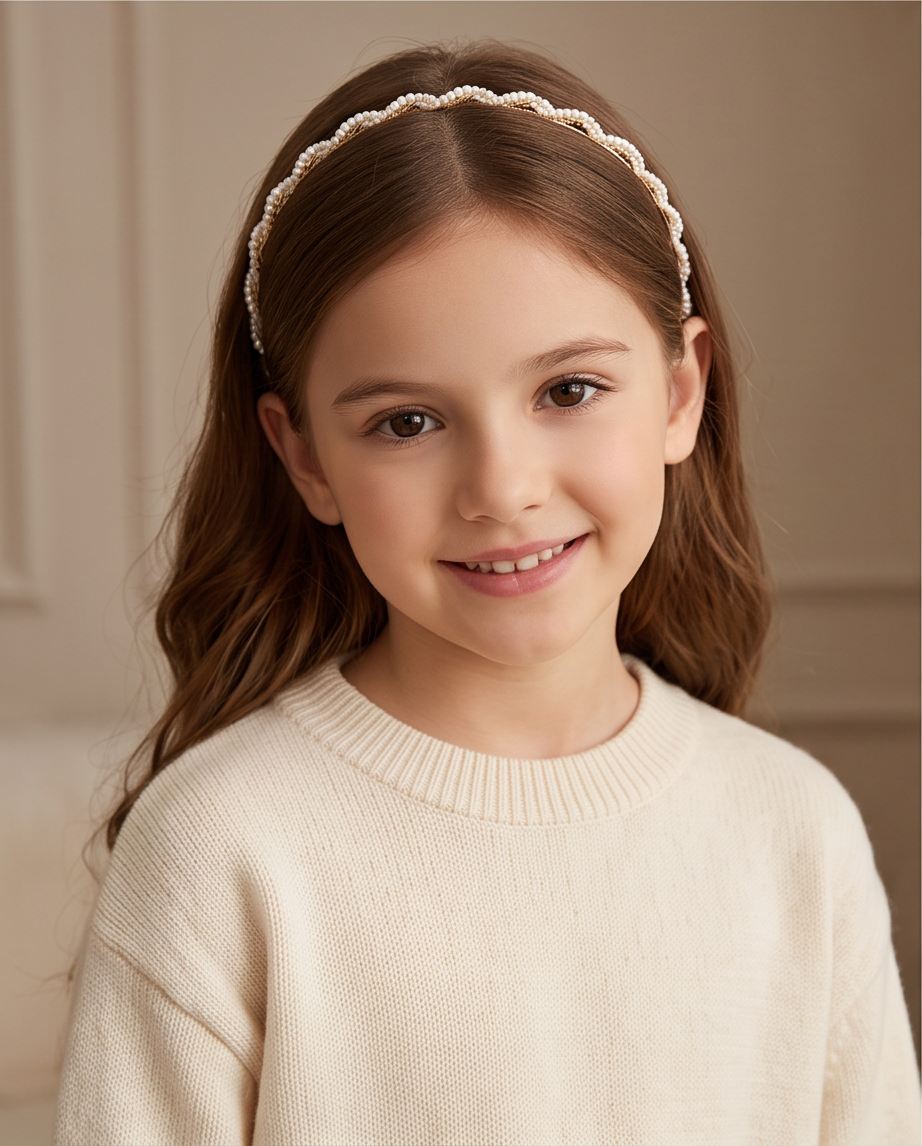 Petite Pearl headband with small white pearl-look beads worn with a bun.