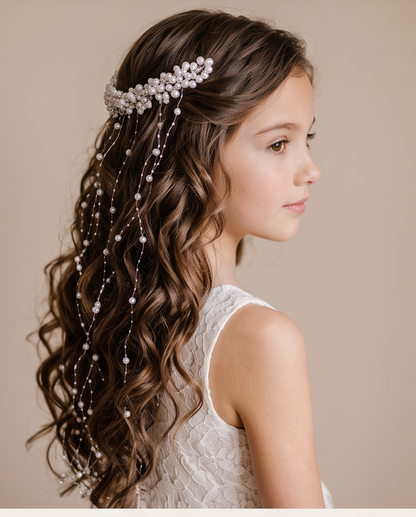 Side view of a white pearl waterfall hair accessory with cascading beaded strands worn in curled hair.