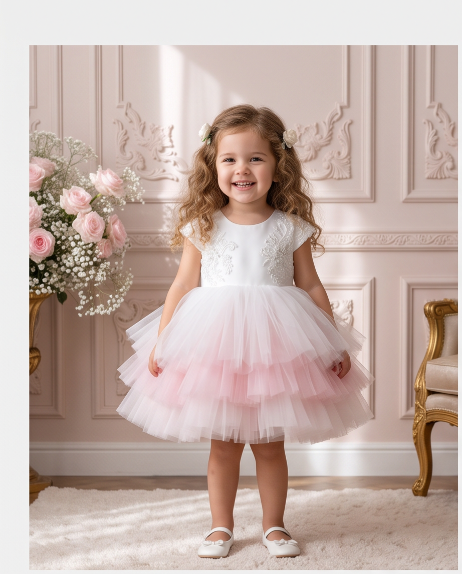 Girl seated in the Blush Blossom dress with its pink and white tiered tulle skirt spread across a chair.