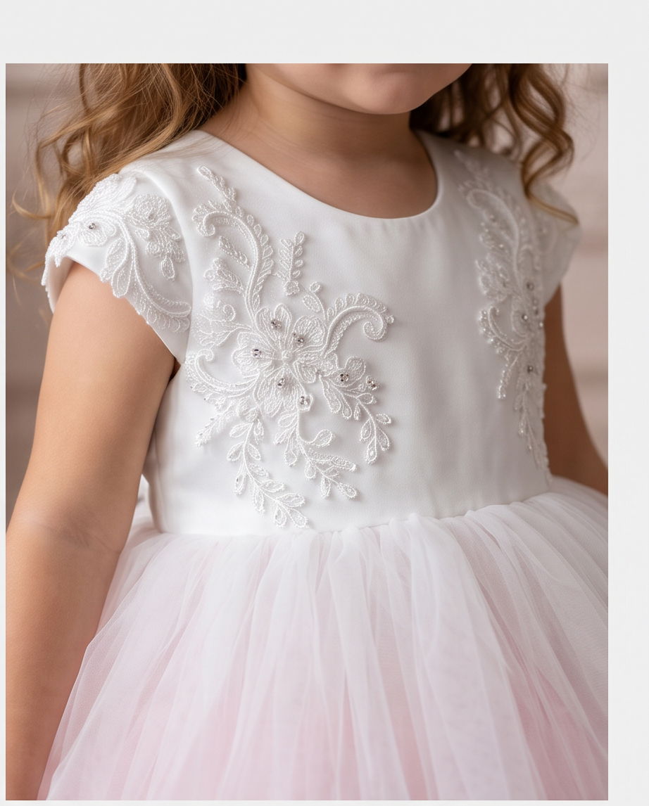 Back view of the Blush Blossom dress showing the white bow and pink and white tulle tiers.