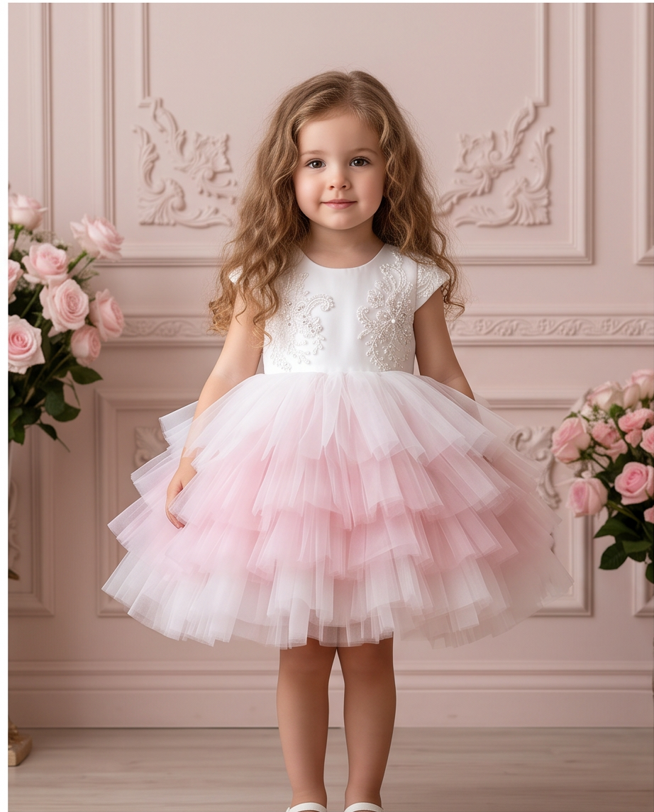 Girl wearing the Blush Blossom pink and white party dress with its full tiered skirt.
