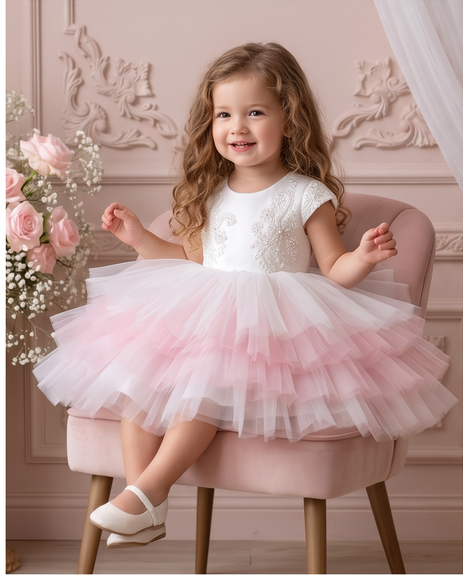 Front view of the Blush Blossom pink and white tiered tulle dress with an embroidered white bodice.