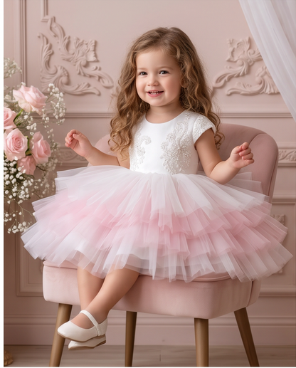 Front view of the Blush Blossom pink and white tiered tulle dress with an embroidered white bodice.