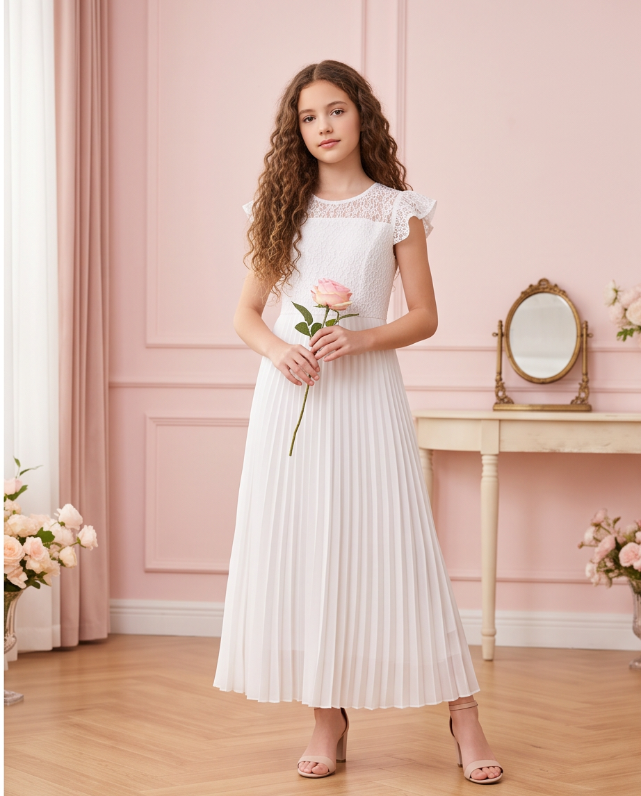 Lace Sonata White Pleated Communion Dress