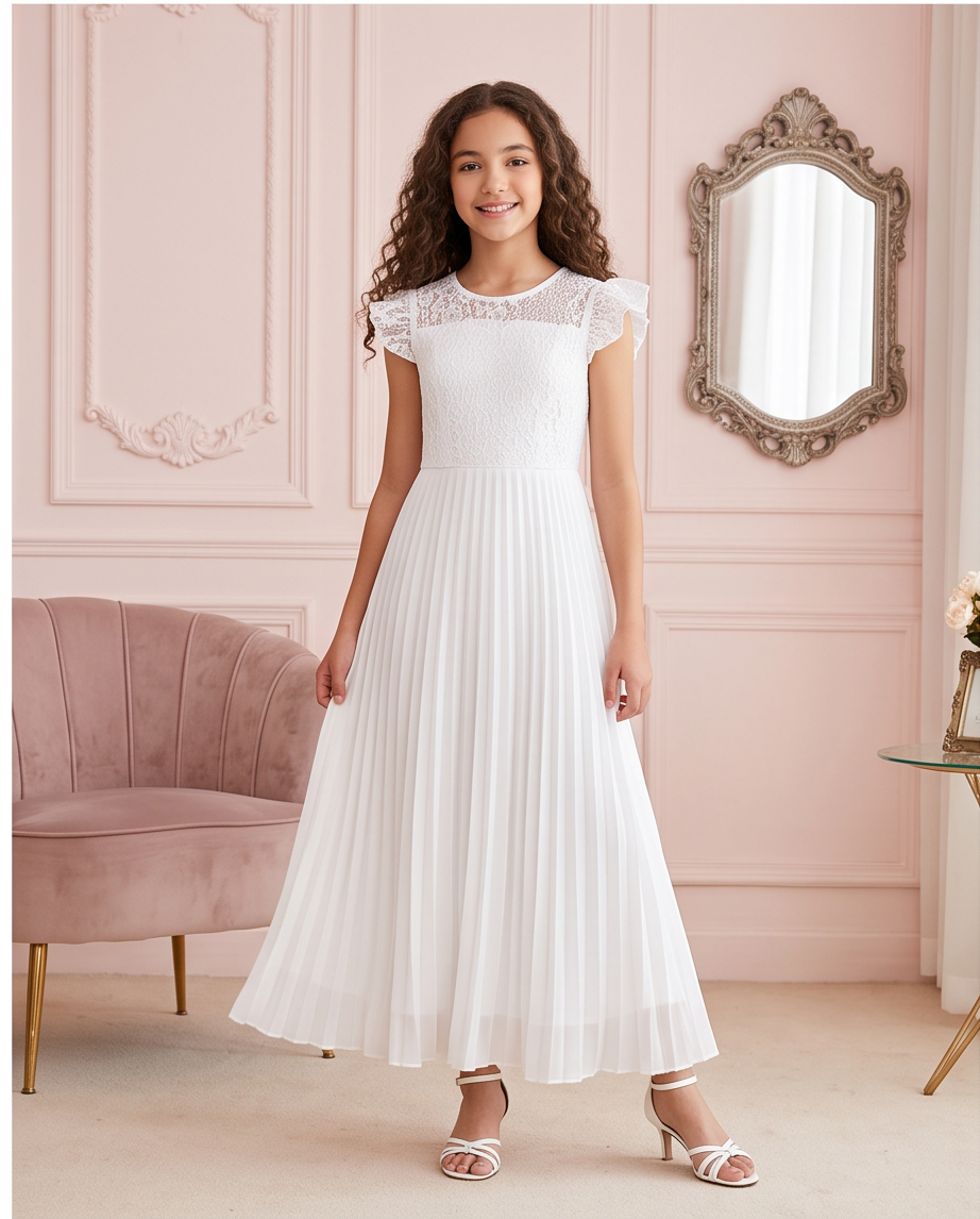 Lace Sonata White Pleated Communion Dress