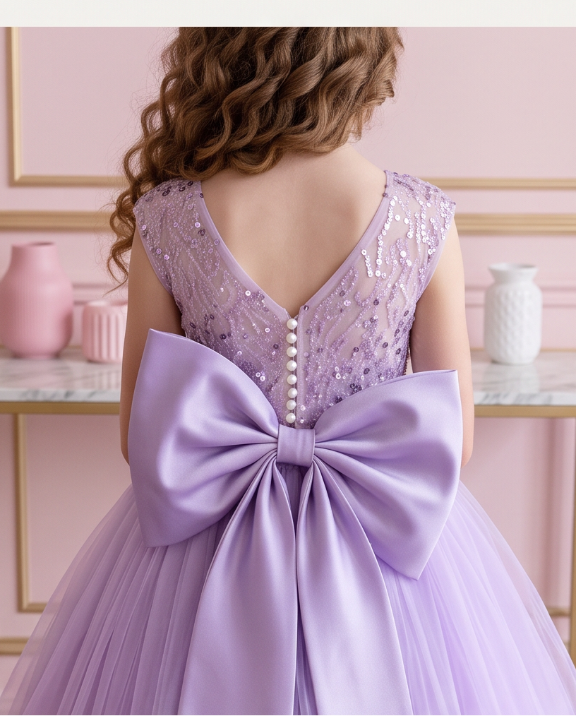 Full-length view of the Lavender Dreams sleeveless sequin dress in a pink room.