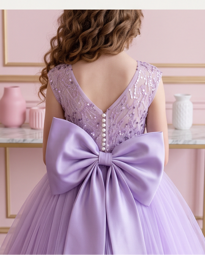 Full-length view of the Lavender Dreams sleeveless sequin dress in a pink room.