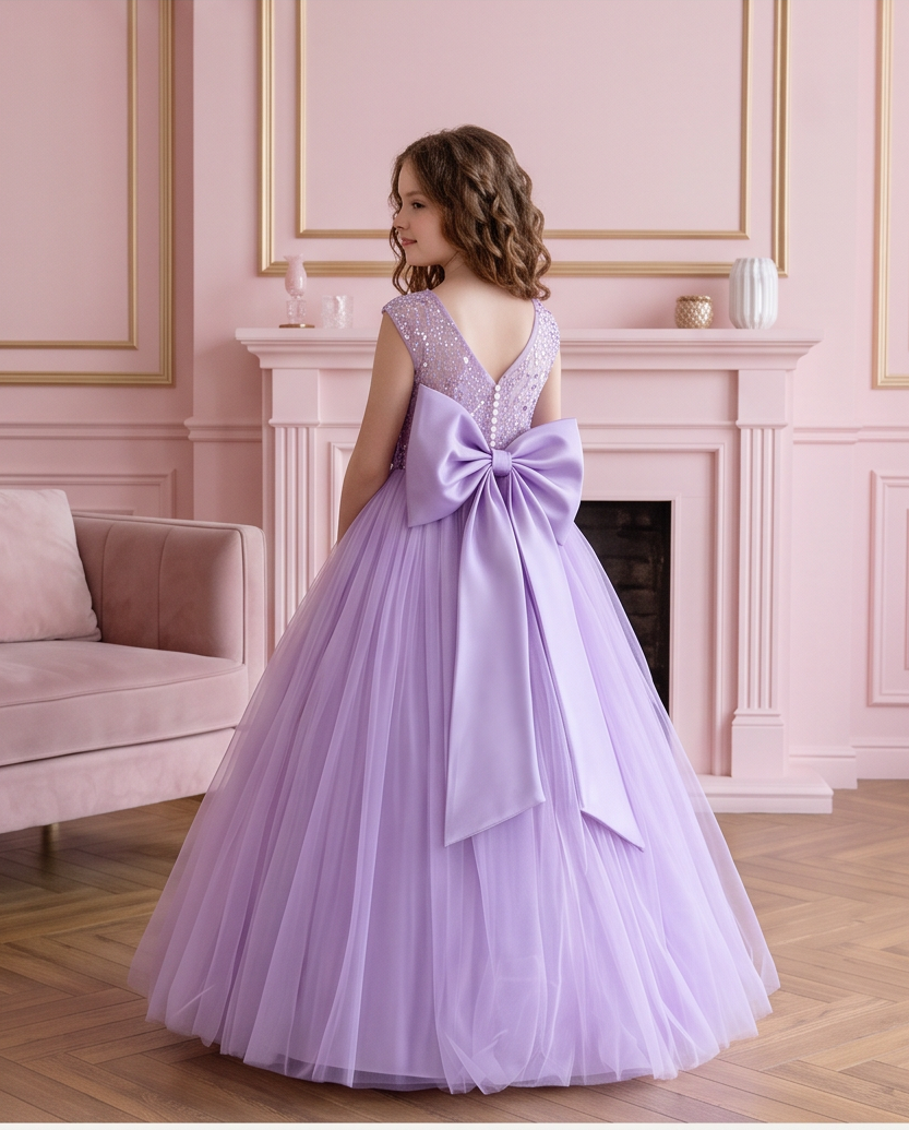Side view of a girl turning in the Lavender Dreams dress with its flowing lavender tulle skirt.