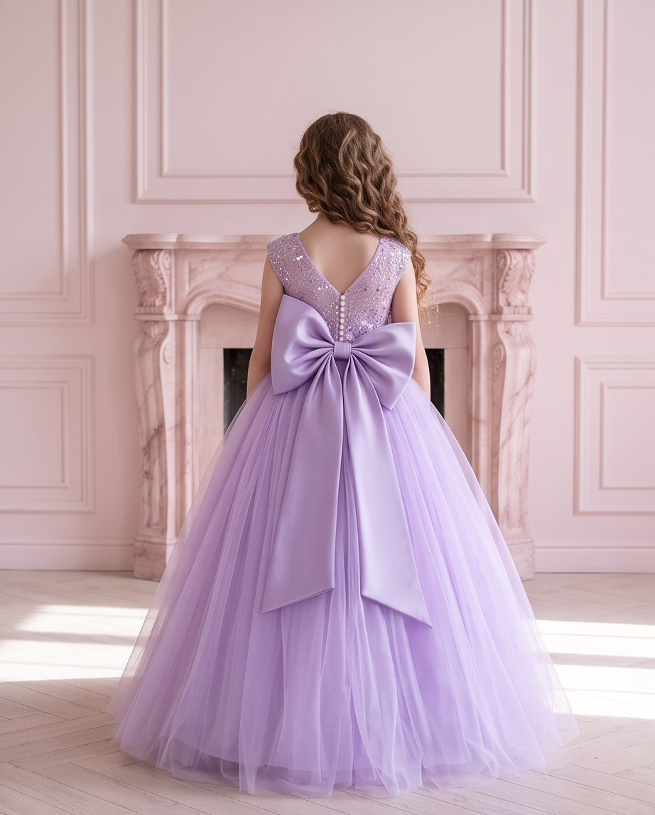 Lavender Dreams dress back showing sequin detailing, buttons and a large lavender bow.