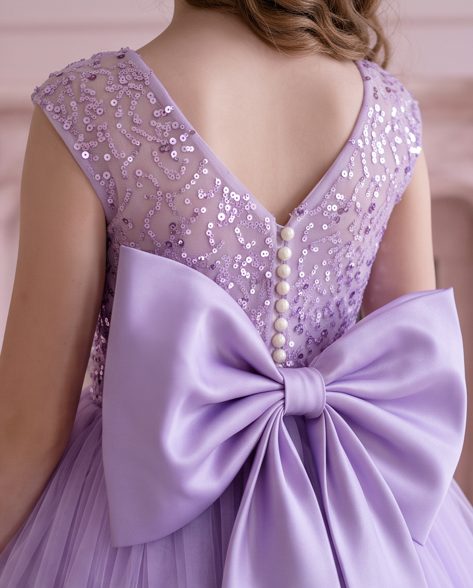 Close-up of the Lavender Dreams sequin bodice and sheer round neckline.