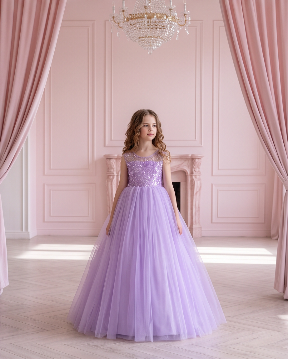 Full back view of the Lavender Dreams dress showing a V-shaped neckline and oversized lavender bow with trailing ends.