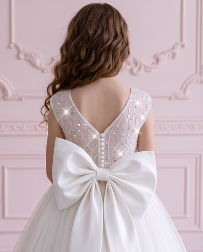Close-up of the Celestial Grace dress back with a sheer sequin V neckline, covered buttons and a large white bow.