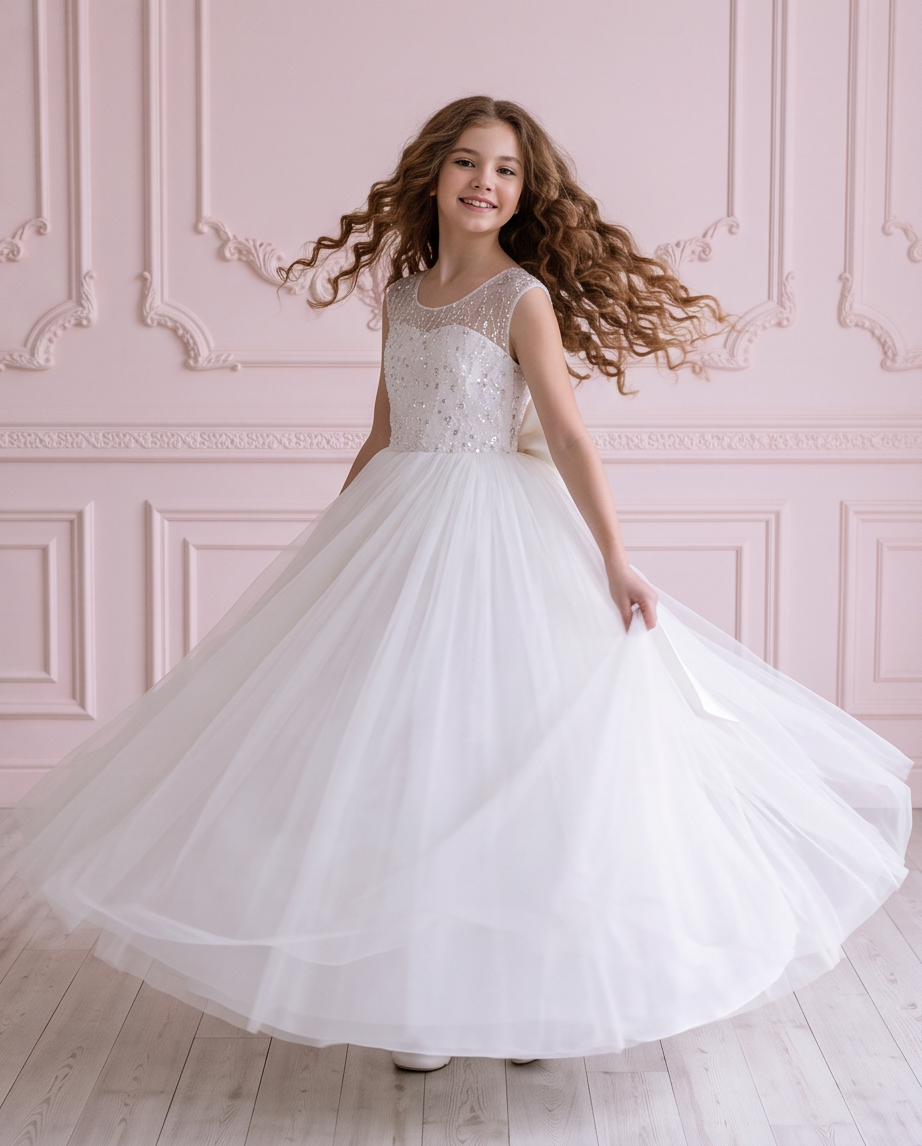 Girl twirling in the Celestial Grace white communion dress, showing the flowing tulle skirt and sparkling bodice.