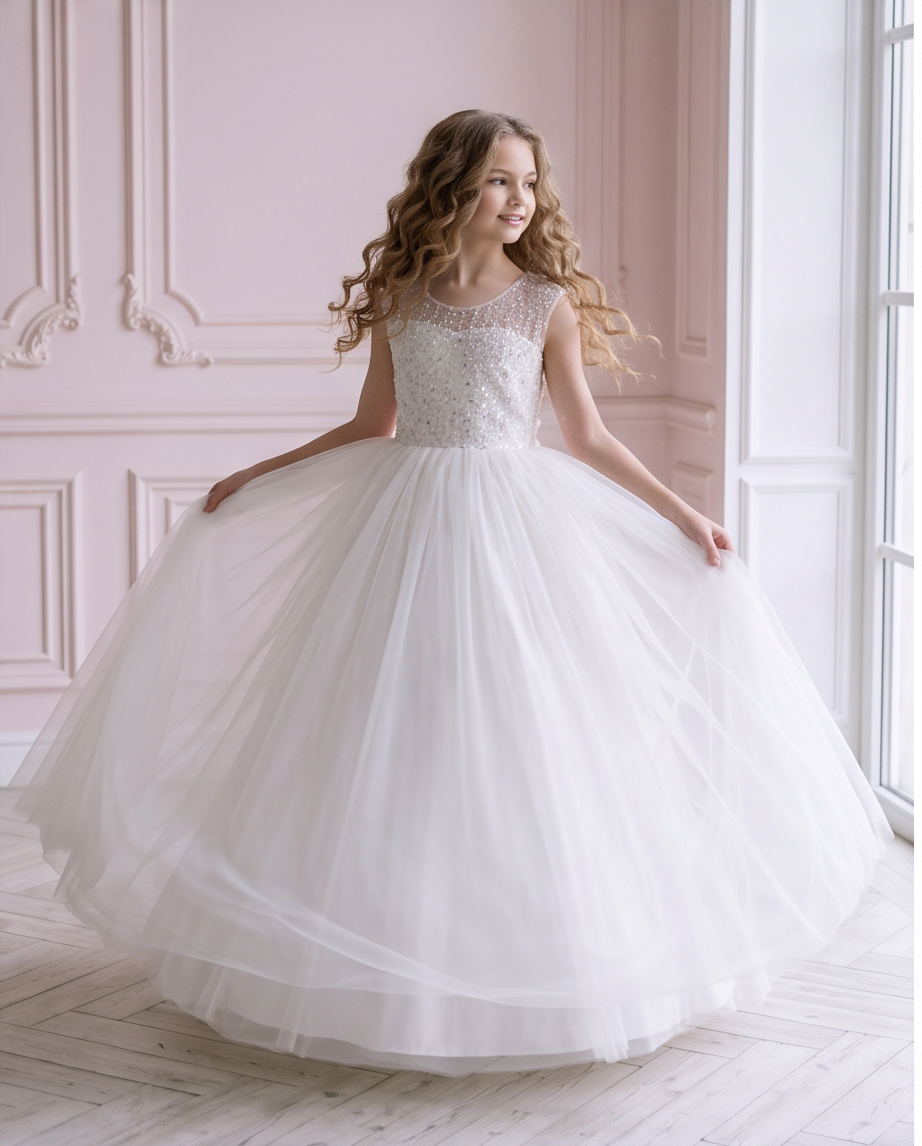 Girl holding out the full tulle skirt of the Celestial Grace white sequin communion dress beside a window.