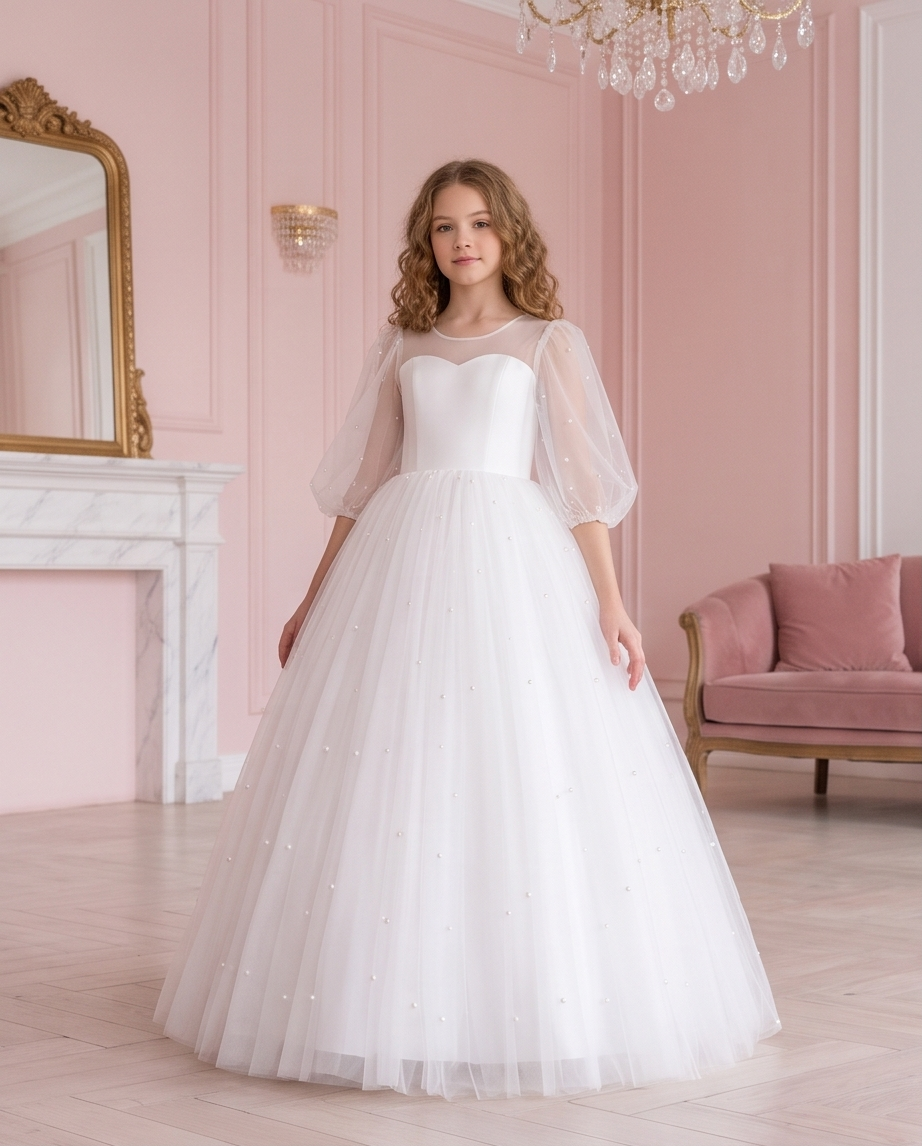 Full-length front view of the Pearl Reverie white dress with sheer puff sleeves and a full tulle skirt.