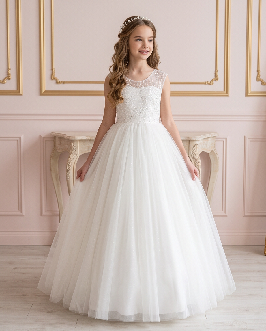 Close-up of the Celestial Grace dress back with sequin mesh, a V neckline, covered buttons and oversized bow.