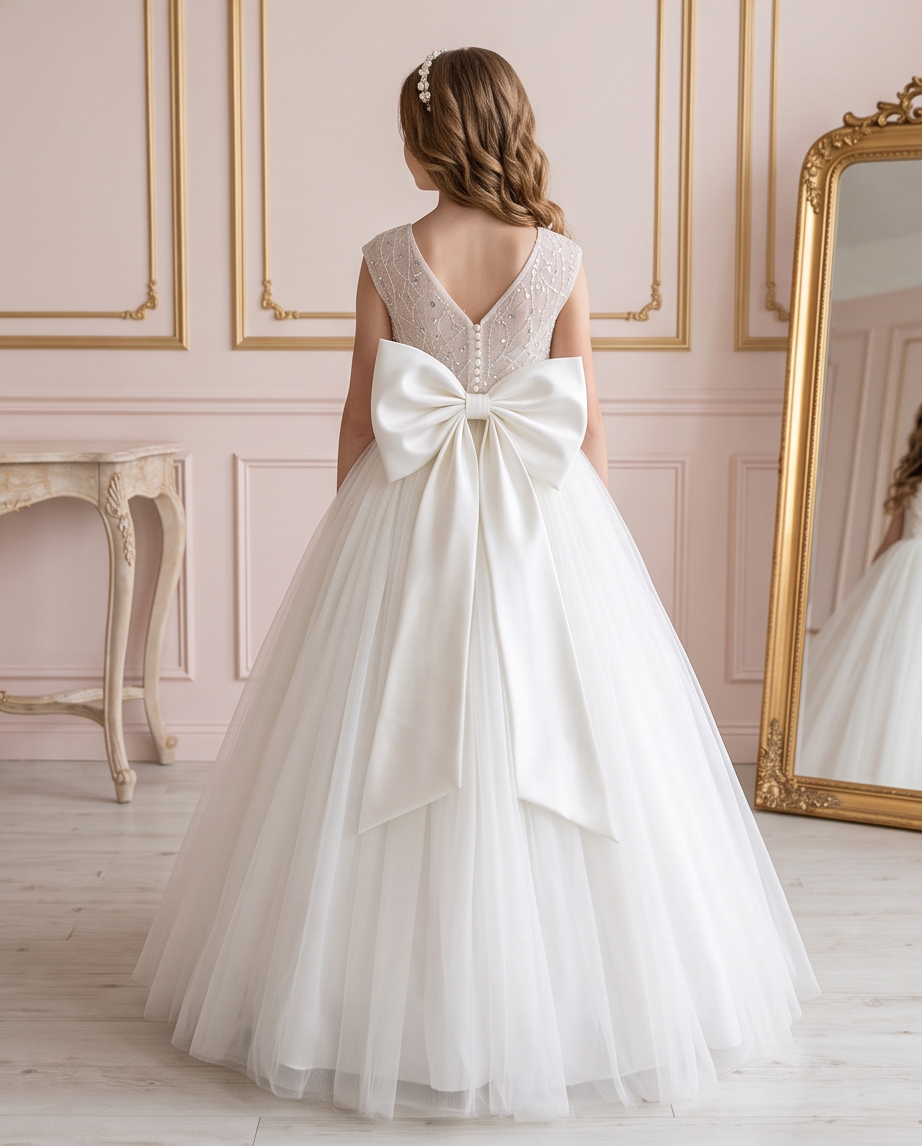 Girl turning in the Celestial Grace white communion dress, showing the movement of its layered tulle skirt.