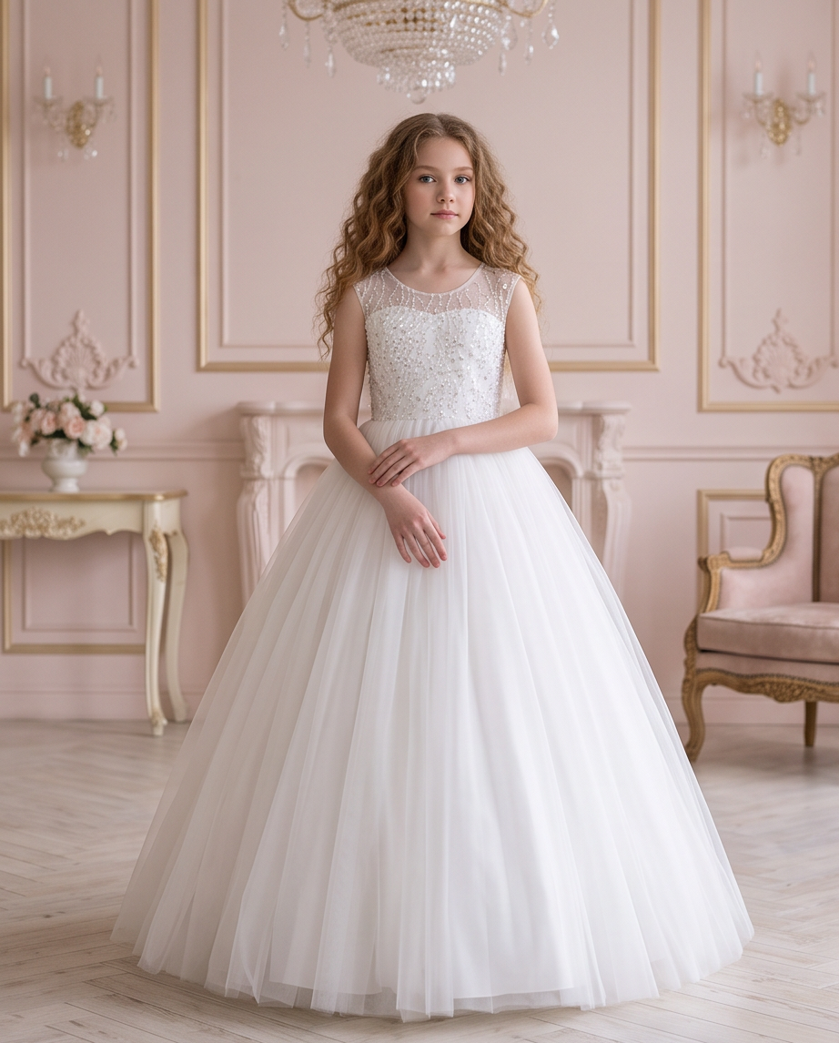 Rear three-quarter view of the Celestial Grace dress with a large white bow and trailing ribbon ends.
