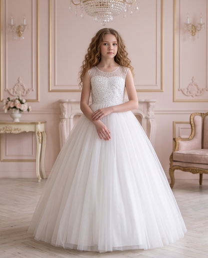 Rear three-quarter view of the Celestial Grace dress with a large white bow and trailing ribbon ends.