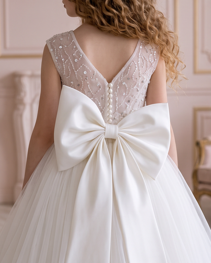 Full front view of the Celestial Grace sleeveless white dress with a sparkling bodice and flowing tulle skirt.